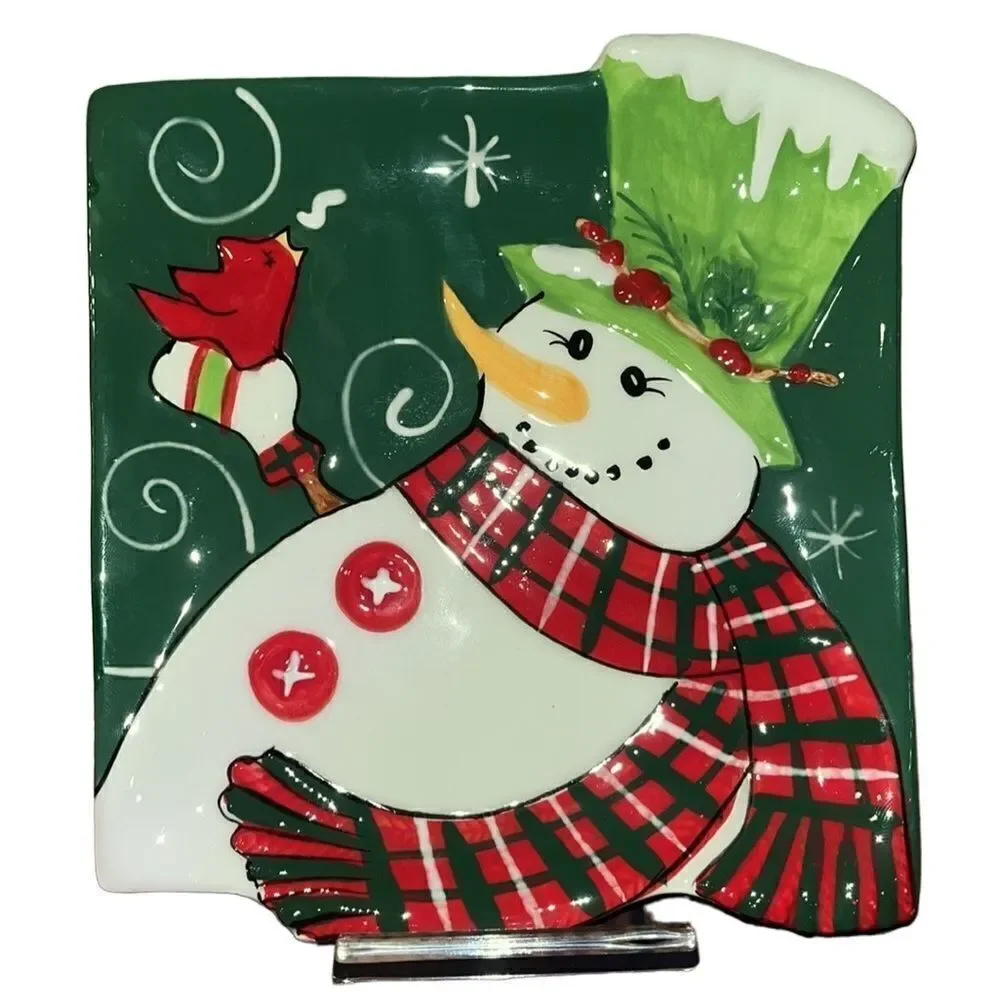 Fitz & Floyd Holly Hat Snowman Snack Plate w/ Spreader
